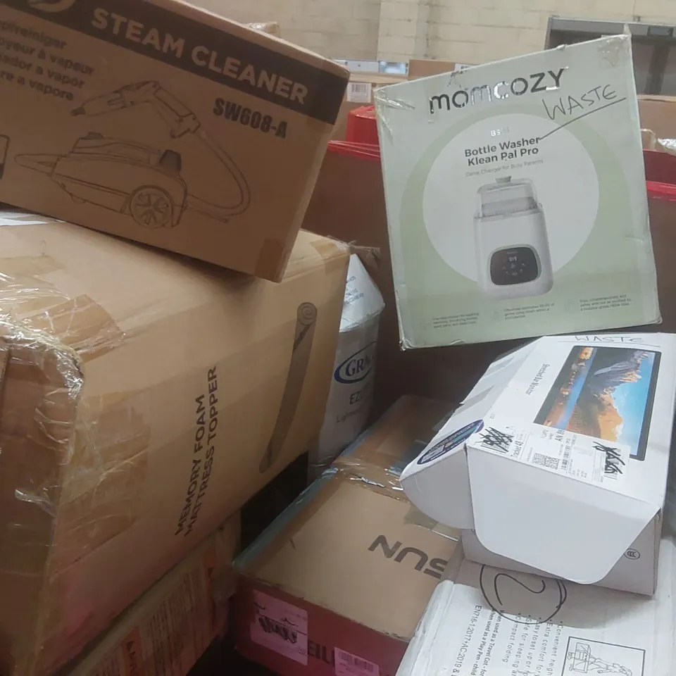 PALLET CONTAINING A LARGE QUANTITY OF ASSORTED ITEMS INCLUDING: MOMCOZY BOTTLE WASHER, THERMAL RIGHT 360 AIO COOLER, STRETCHED BAR MONITOR, GRACO LIGHTWEIGHT STROLLER, MEMORY FOAM MATTRESS TOPPER, STE