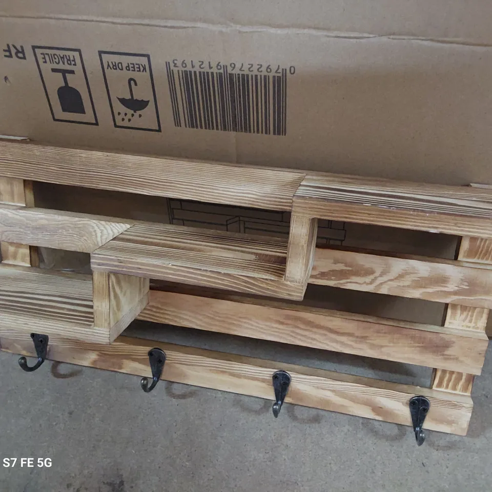 BOXED WOODEN 3 TIER WALL MOUNTED DISPLAY SHELF WITH KEY HOOKS