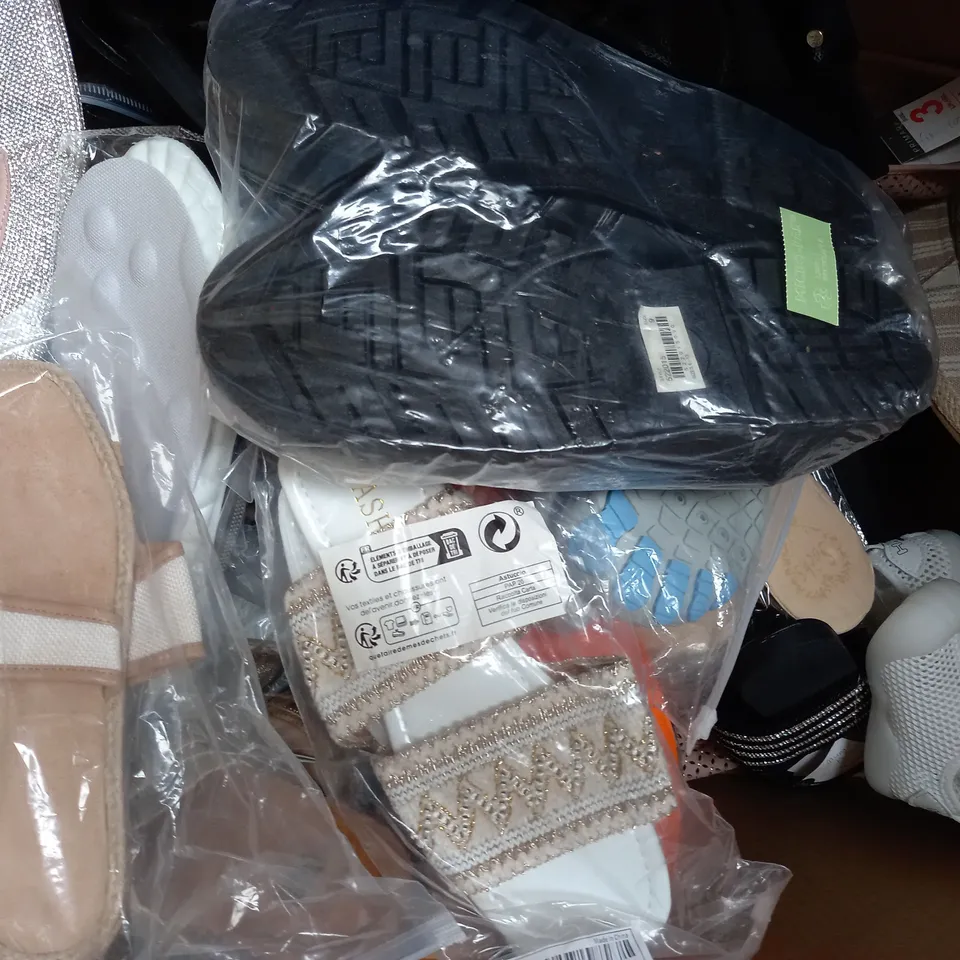BOX OF APPROXIMATELY 15 ASSORTED PAIRS OF SHOES AND FOOTWEAR ITEMS IN VARIOUS COLOURS, STYLES, AND SIZES - COLLECTION ONLY