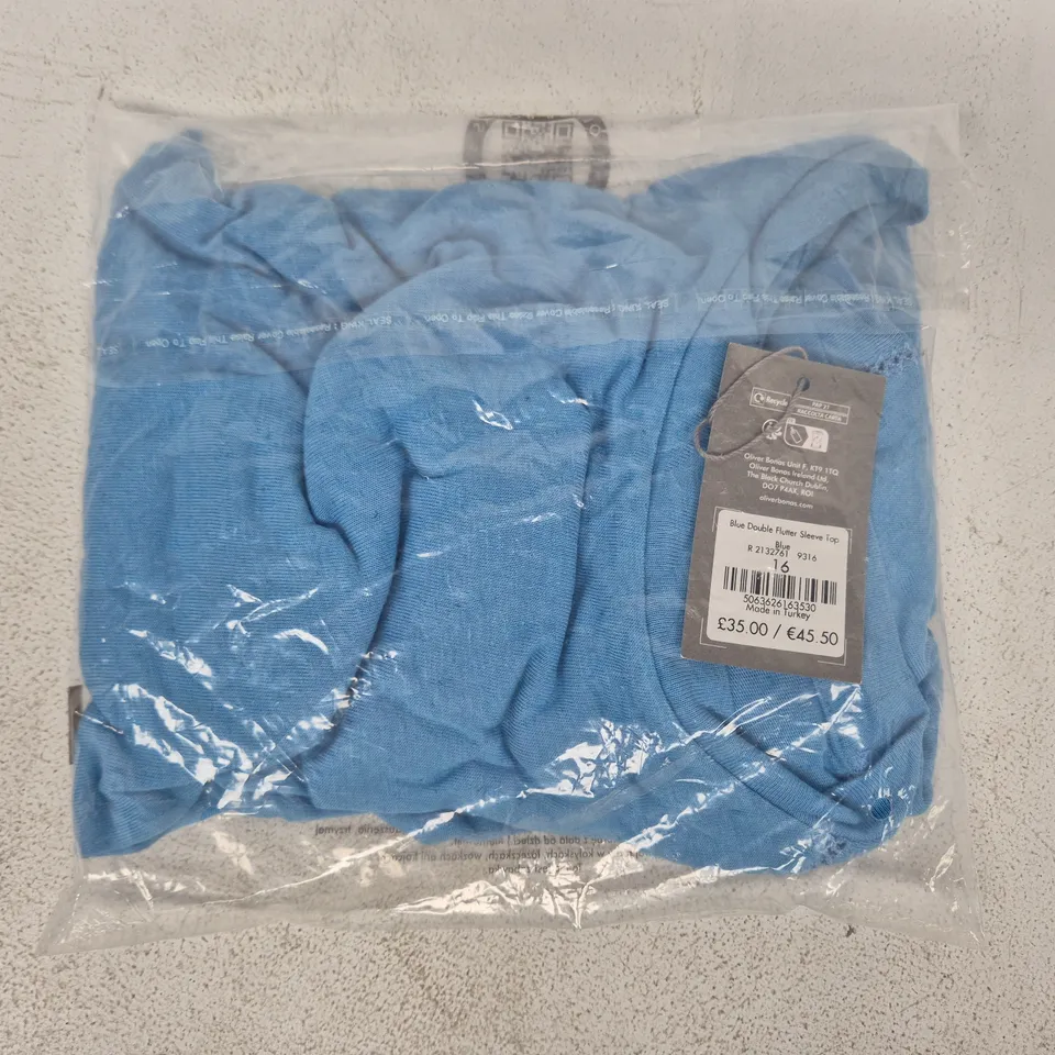 BAGGED OLIVER BONAS BLUE DOUBLE FLUTTER SLEEVE TOP IN BLUE SIZE 16