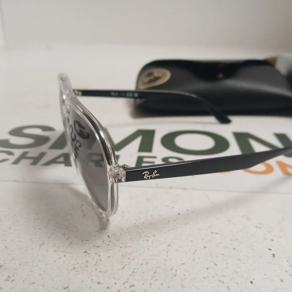 RAY-BAN SUNGLASSES – CLEAR FRAME WITH SILVER RIM, LOGO ON LENS 