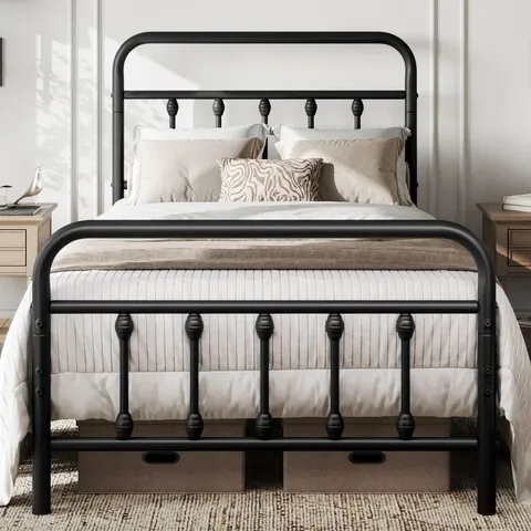 BOXED YAHEETECH QUEEN METAL BED FRAME WITH VICTORIAN VINTAGE HEADBOARD, BLACK