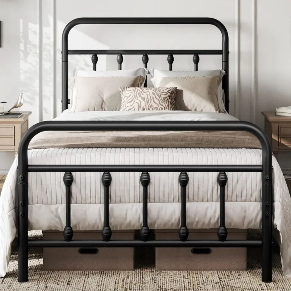 BOXED YAHEETECH QUEEN METAL BED FRAME WITH VICTORIAN VINTAGE HEADBOARD, BLACK