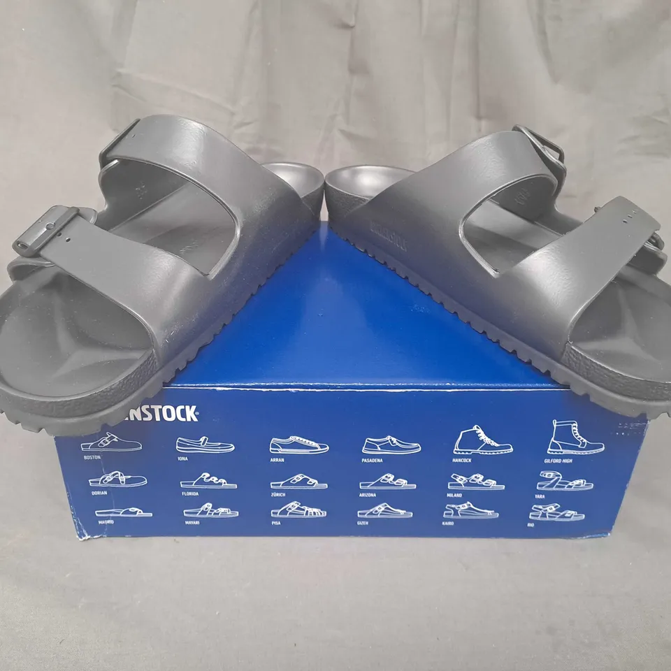 BOXED PAIR OF BIRKENSTOCK ARIZONA EVA OPEN TOE SANDALS IN DARK GREY UK SIZE 11.5 