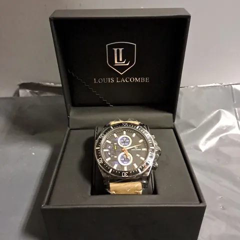 LOUIS LACOMBE CHRONGRAPH WATCH – 3 SUB DIALS – BLACK CASE – LEATHER STRAP 