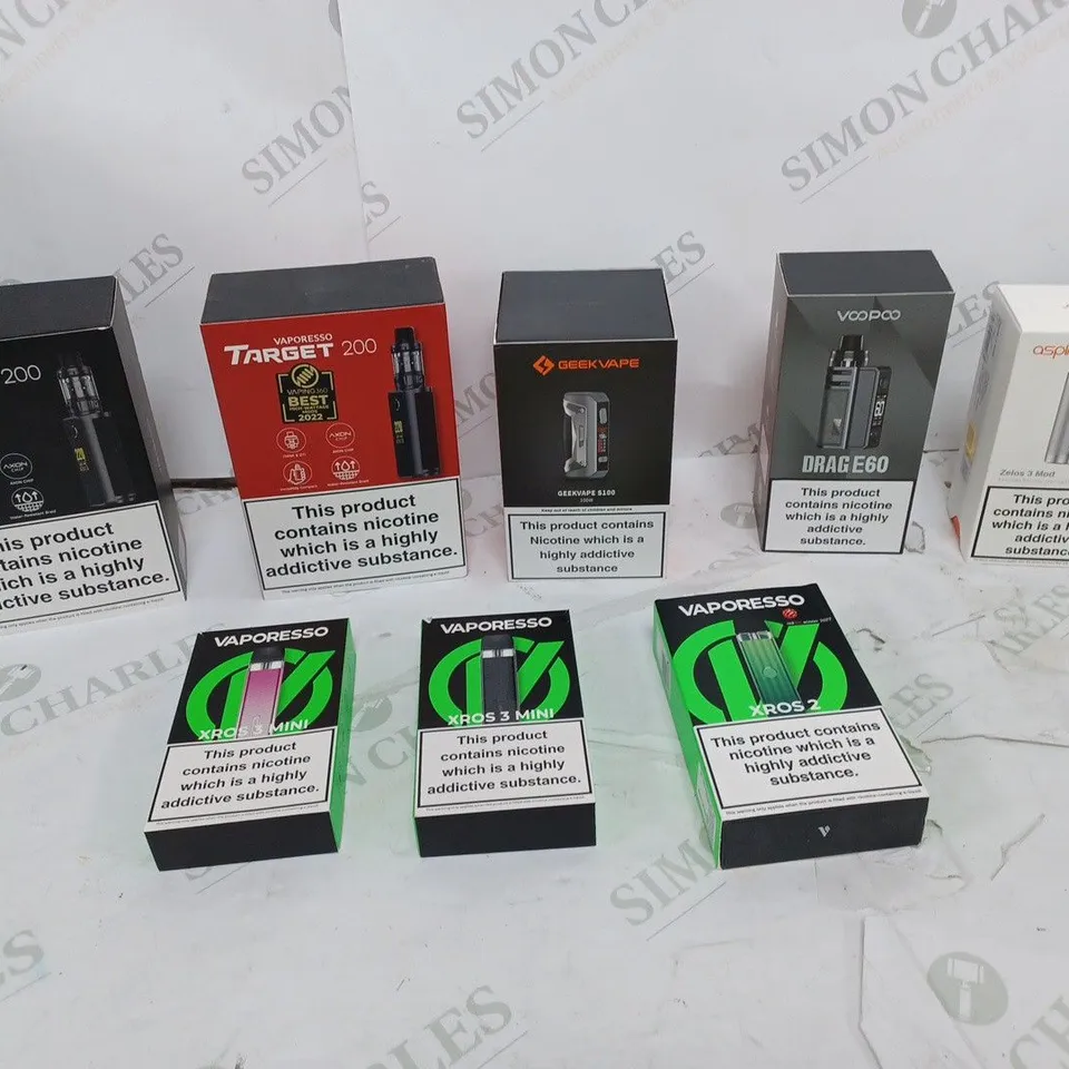 LOT OF APPROXIMATELY 10 BOXED E-CIGARETTES TO INCLUDE VOOPOO XROS 3 MNI, VAPORESSO TARGET 200, AND GEEKVAPE S100 ETC.