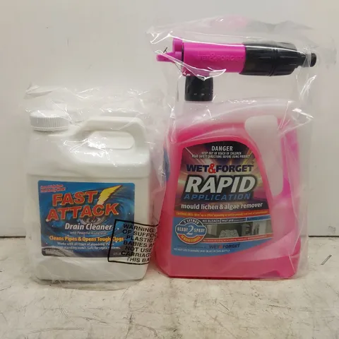 BOX OF APPROXIMATELY 2X 944ML FAST ATTACK DRAIN CLEANER AND 6X 2 LITRE WET&FORGET MOULD LICHEN & ALGAE REMOVER (2 BOXES)