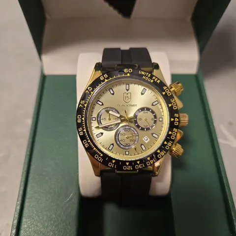 BOXED FRANK SCHMIDT GOLD TRIPLE DIAL SILICONE STRAP WATCH