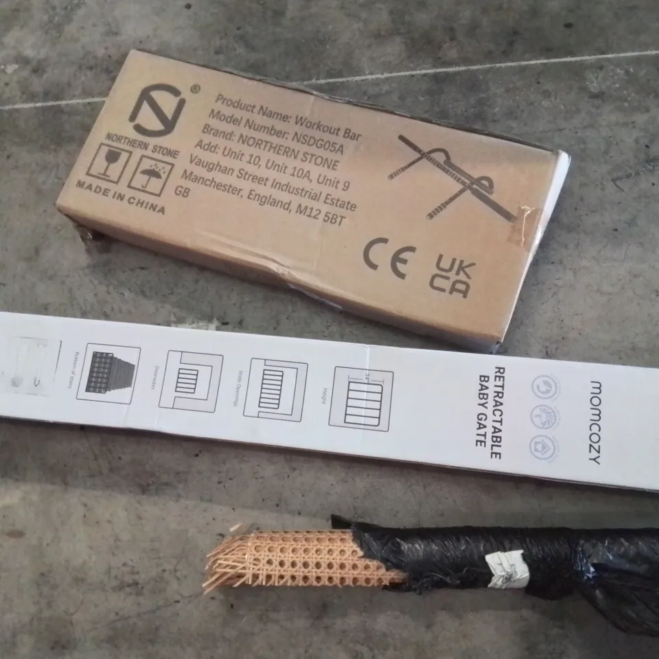 PALLET OF ASSORTED ITEMS TO INCLUDE, WORKOUT BAR, INFLATABLE AIR BEDS, RETRACTABLE BABY GATE, ROLL OF SPLIT CANE SEATING, CANDY FLOSS BAGS.