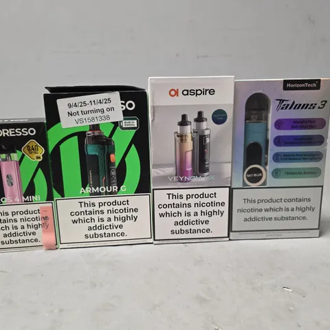 BOX OF APPROXIMATELY 15 ASSORTED E-CIGARETTES PRODUCTS TO INCLUDE - VAPORESSO , ASPIRE , HORIZON TECH TALONS 3