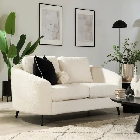 BOXED MAE CURVED IVORY BOUCLE FABRIC 2 SEATER SOFA