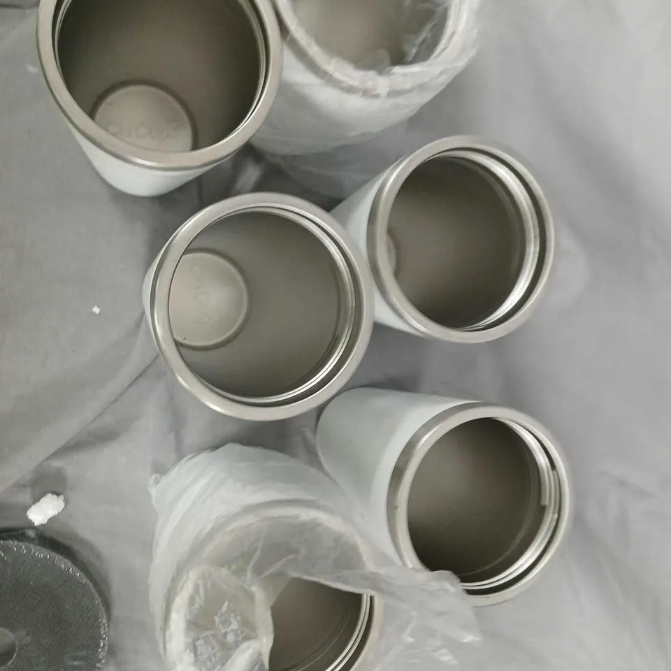 SET OF 5 WHITE INSULATED STAINLESS STEEL TRAVEL MUGS WITH CHROME RIMS