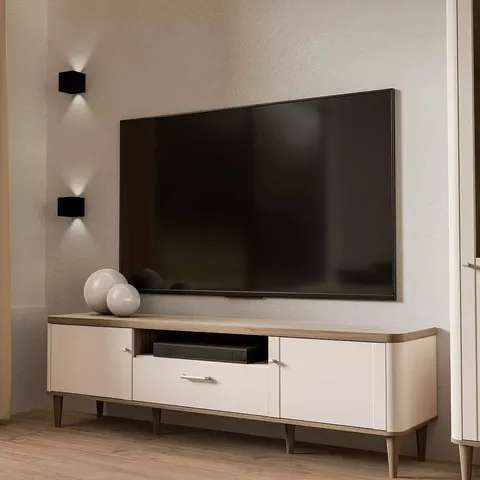 BOXED LACETTI TV UNIT - FITS UP TO 70 INCH TV - CREAM/OAK (2 BOXES)