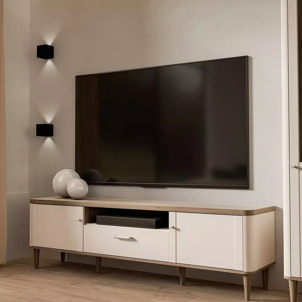 BOXED LACETTI TV UNIT - FITS UP TO 70 INCH TV - CREAM/OAK (2 BOXES) RRP £249