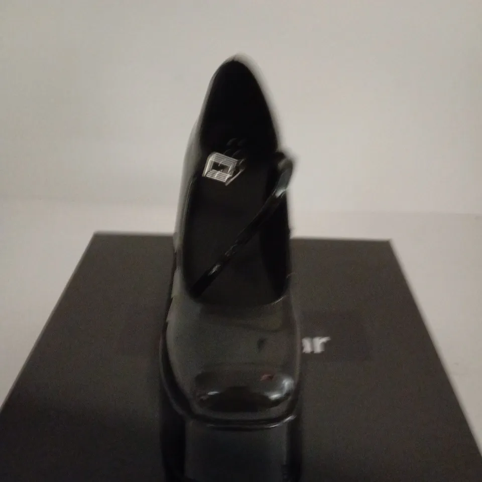 BOXED PAIR OF KOI BLACK PATENT PLATFORM MARY JANE HEELS WITH ANKLE STRAP - UK SIZE 6
