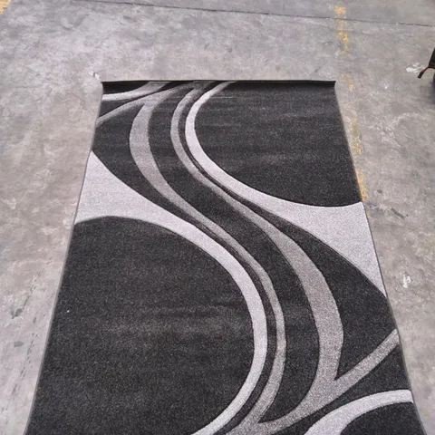 Rectangular area rug with abstract swirl pattern β black, grey & silver (160x230cm)
