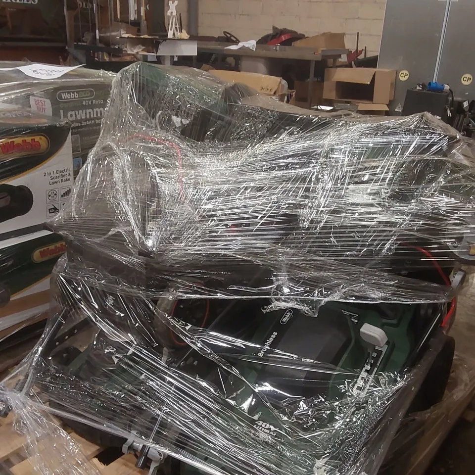 PALLET CONTAINING A LARGE QUANTITY OF ASSORTED WEBB ELECTRIC GARDENING TOOLS