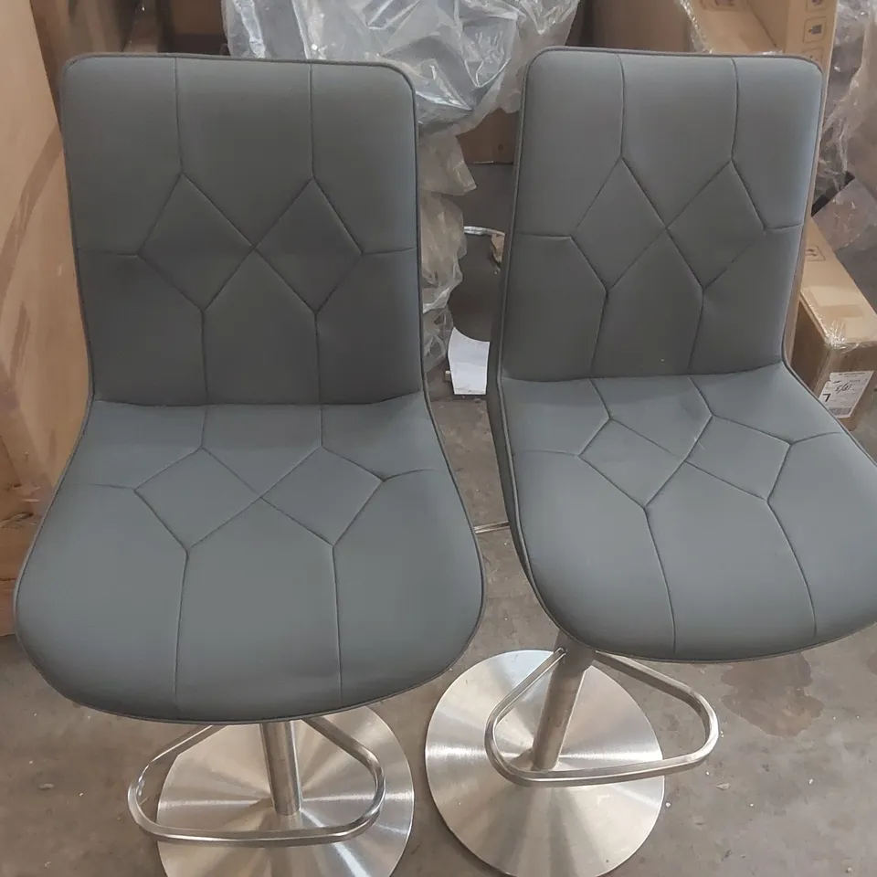 PAIR OF LUMOS DARK GREY FAUX LEATHER STAINLESS STEEL GAS LIFT BAR STOOLS