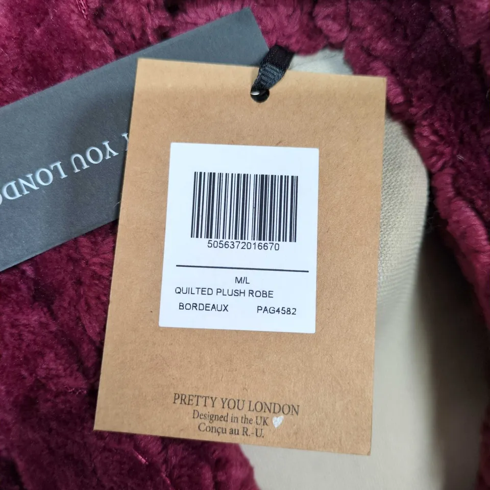 PRETTY YOU LONDON QUILTED PLUSH ROBE – BORDEAUX – WOMEN'S M/L