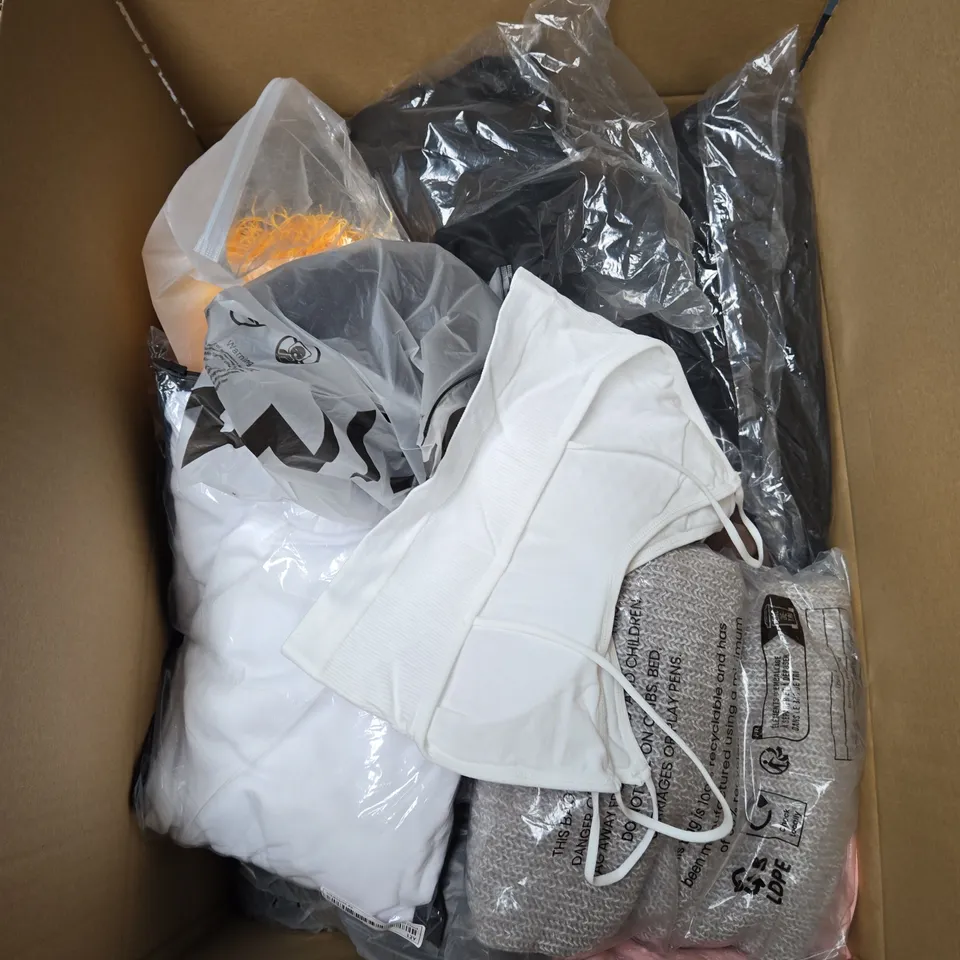 LARGE BOX OF ASSORTED CLOTHING ITEMS IN VARIOUS SIZES, STYLES AND COLOUR 