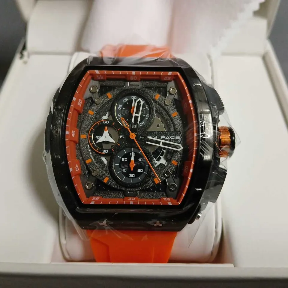 BOXED IRONFACE GENTS CHRONOGRAPH WATCH WITH ORANGE RUBBER STRAP