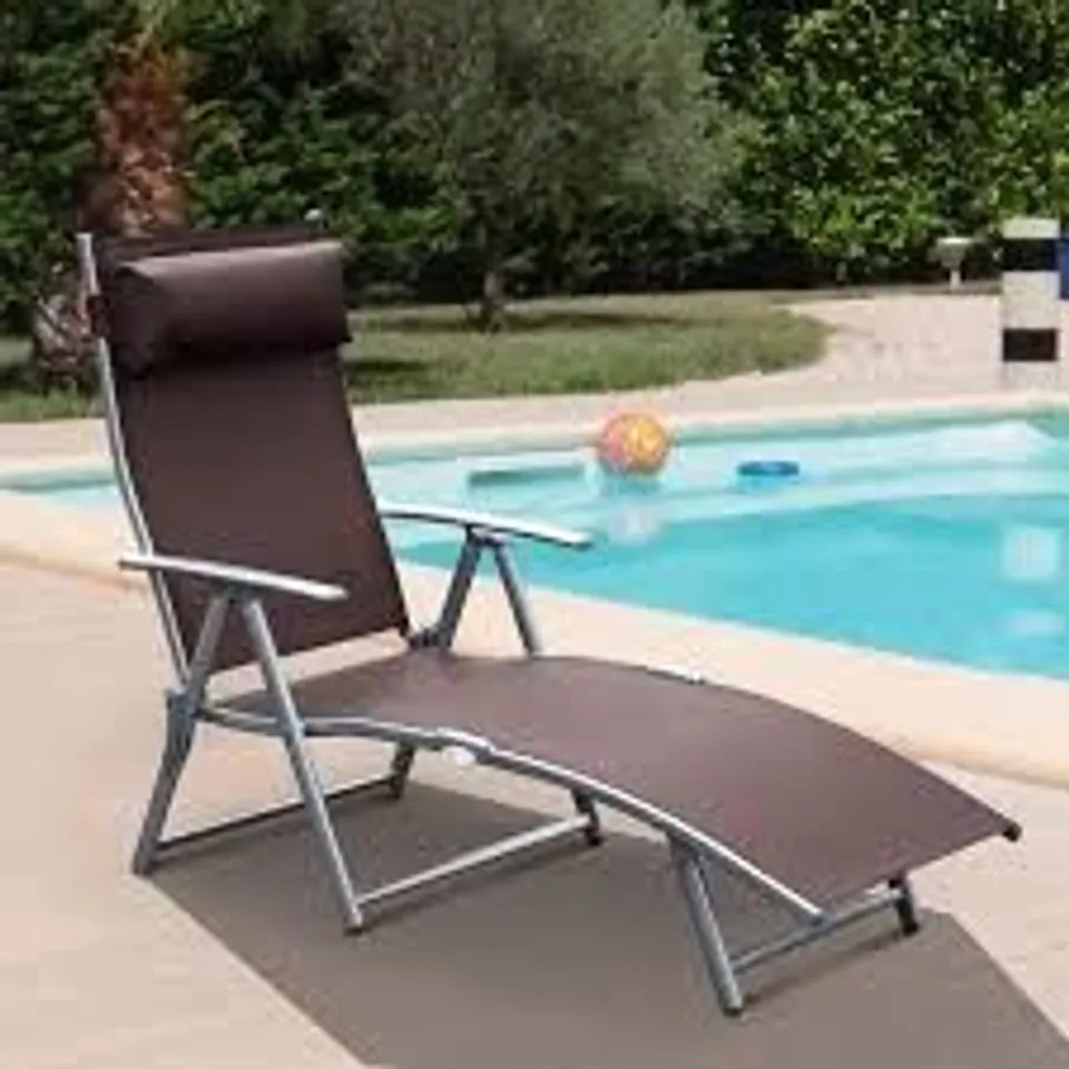 BOXED OUTSUNNY SUN LOUNGER STEEL FRAME OUTDOOR FOLDING CHAISE TEXTELINE LOUNGE CHAIR RECLINER WITH HEADREST & 7 LEVELS ADJUSTABLE BACKREST, BROWN (1 BOX)