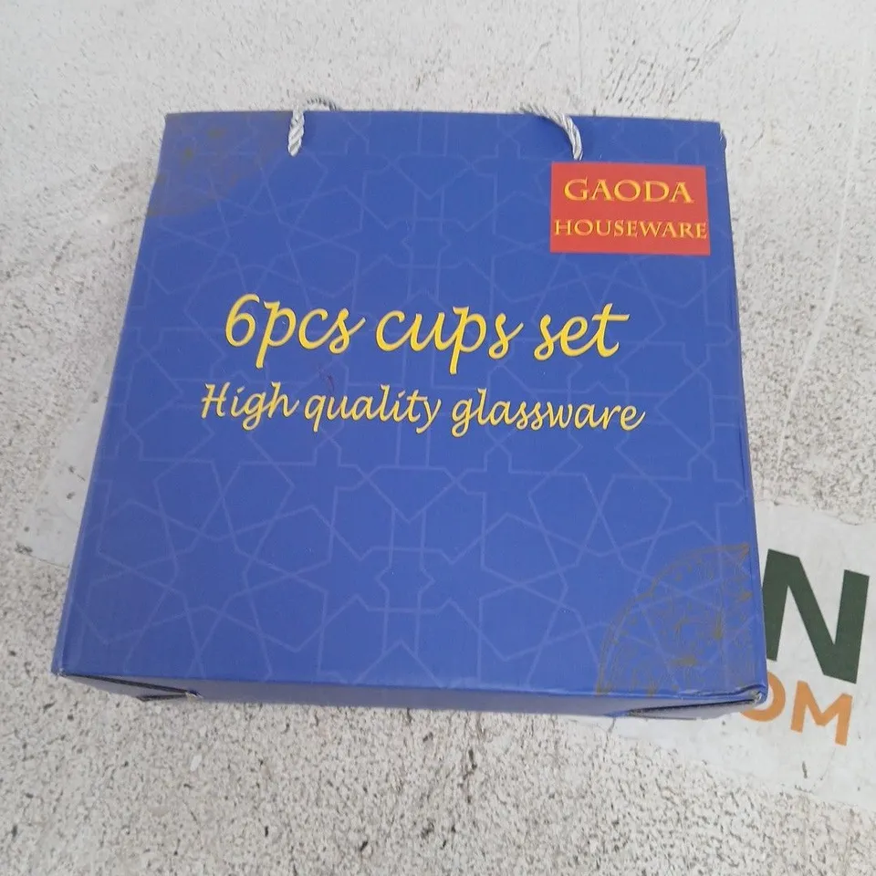 GAODA HOUSEWARE 6-PIECE GLASS CUP SET – CLEAR GLASS WITH GOLD LATTICE PATTERN