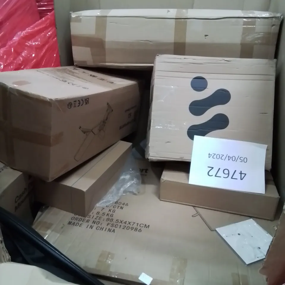 PALLET OF ASSORTED HOUSEHOLD GOODS AND PRODUCTS TO INCLUDE; DUMBELL BENCH, GAMING COMPUTER CASE, AIR FRYER, BEDSIDE TABLE, CASH DRAWER ETC