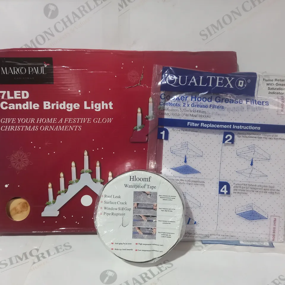 BOX OF APPROXIMATELY 20 ASSORTED HOUSEHOLD ITEMS TO INCLUDE HLOOMF WATERPROOF TAPE, COOKER HOOD GREASE FILTERS, 7 LED CANDLE BRIDGE LIGHT, ETC