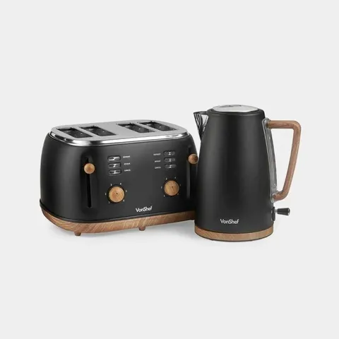 BOXED FIKA BLACK & WOOD KETTLE & 4 SLICE TOASTER SET