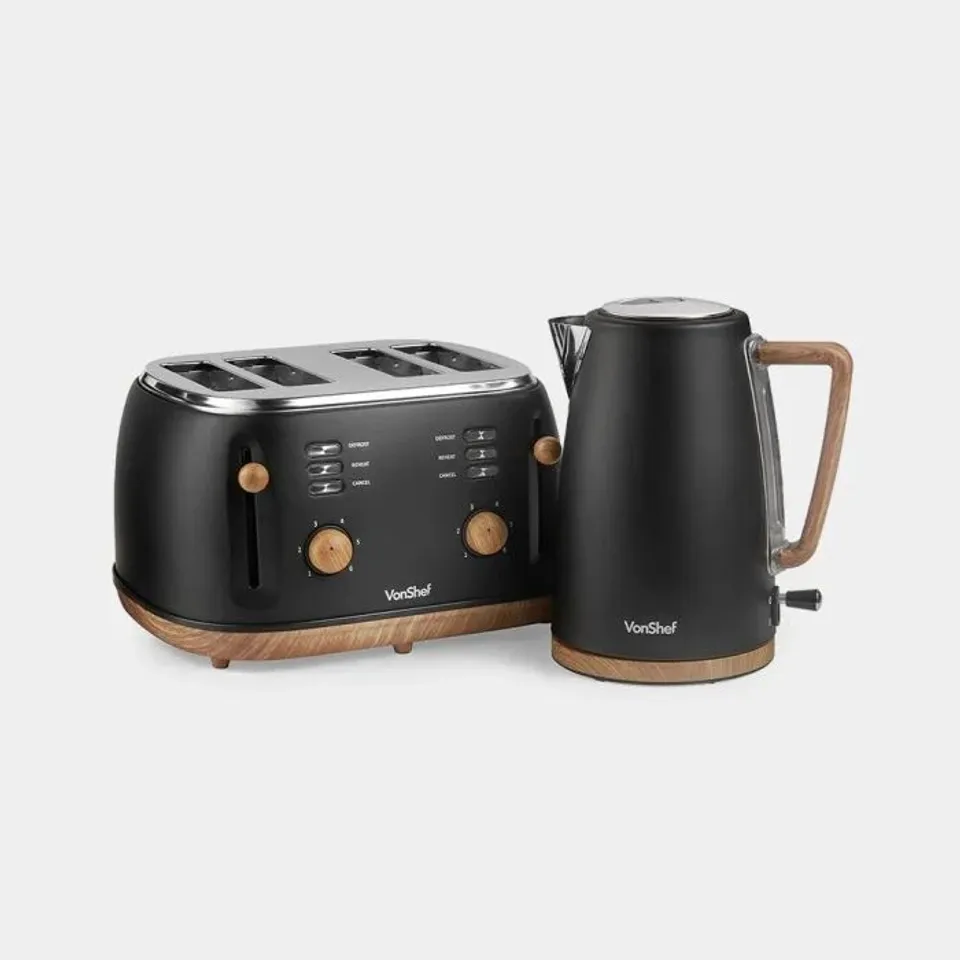 BOXED FIKA BLACK & WOOD KETTLE & 4 SLICE TOASTER SET