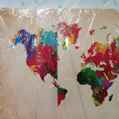 BOXED URBAN DESIGNS DORLD MAP, 3 PIECE GRAPHIC ART WRAPPED ON CANVAS SET
