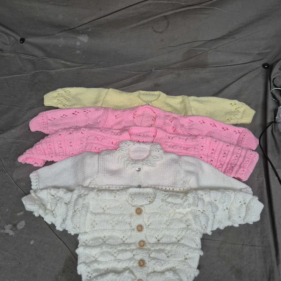 Set of 5 Baby Knitted Cardigans SIZES NOT VERIFIED – Cream, Yellow, Pink & White 