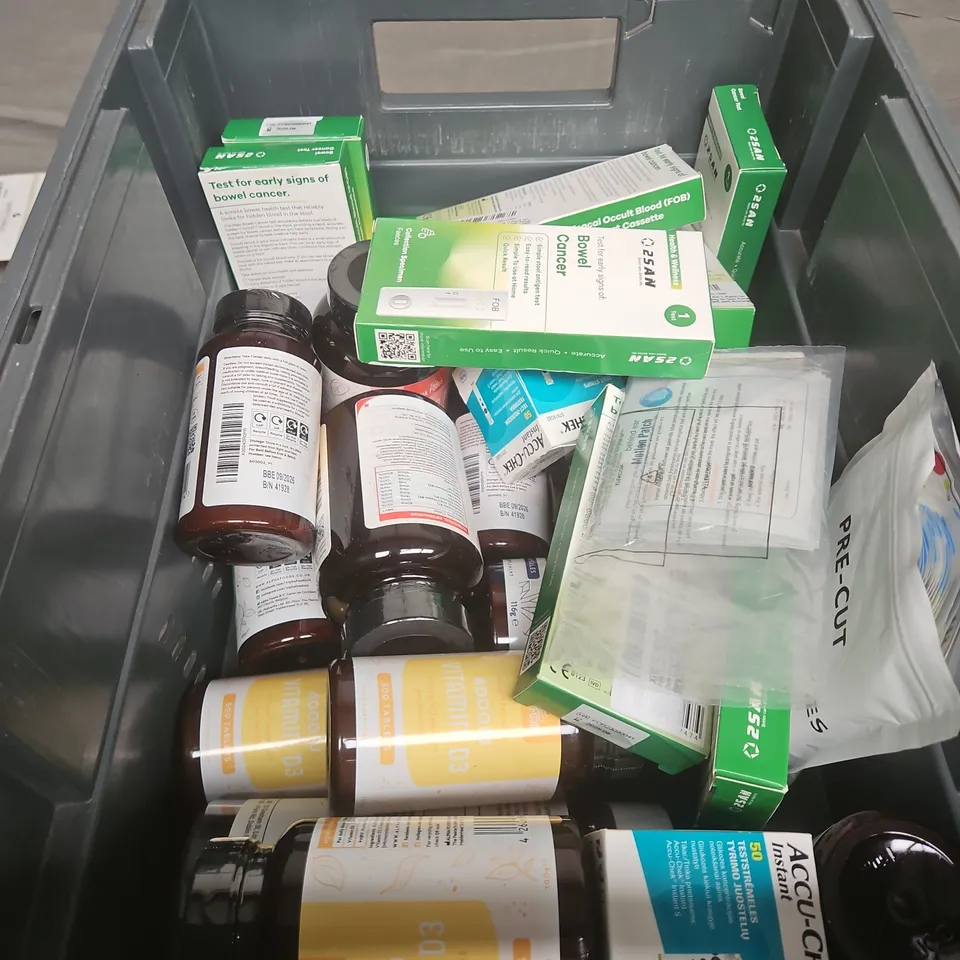 TOTE OF APPROXIMATELY 20 ASSORTED HEALTHCARE PRODUCTS TO INCLUDE RESP-EASE 3% SODIUM CHLORIDE SOLUTION - ALPHA FOODS MACA ROOT CAPSULES AND KNOWN VEGAN OMEGA 369 GUMMIES