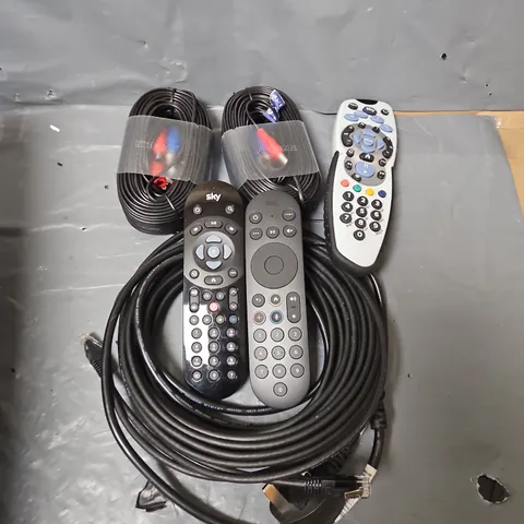 BOX OF ASSORTED HOUSEHOLD ITEMS TO INCLUDE REMOTE CONTROLS, CABLES