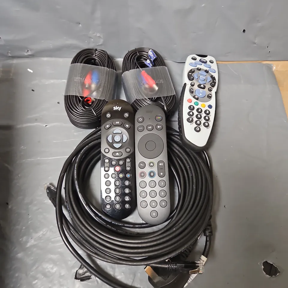 BOX OF ASSORTED HOUSEHOLD ITEMS TO INCLUDE REMOTE CONTROLS, CABLES