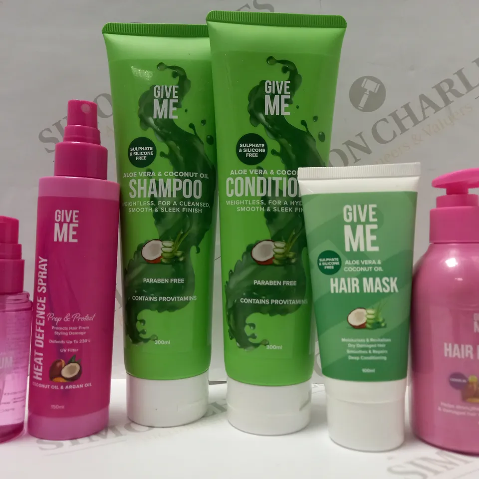 LOT OF 6 ASSORTED GIVE ME PRODUCTS TO INCLUDE SHAMPOO, CONDITIONER, HAIR REPAIR CREAM, ETC 