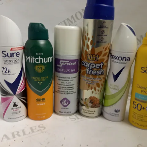BOX OF APPROX 20 ASSORTED AEROSOLS INCLUDING SURE 72HR ANTI PERSPIRANT, MITCHUM TRIPLE ODOR DEFENSE AND 1001 CARPET FRESH - COLLECTION ONLY