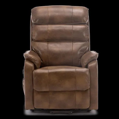 BOXED DESIGNER BUCKINGHAM TAN LEATHER POWER RISE & RECLINING EASY CHAIR (2 BOXES)