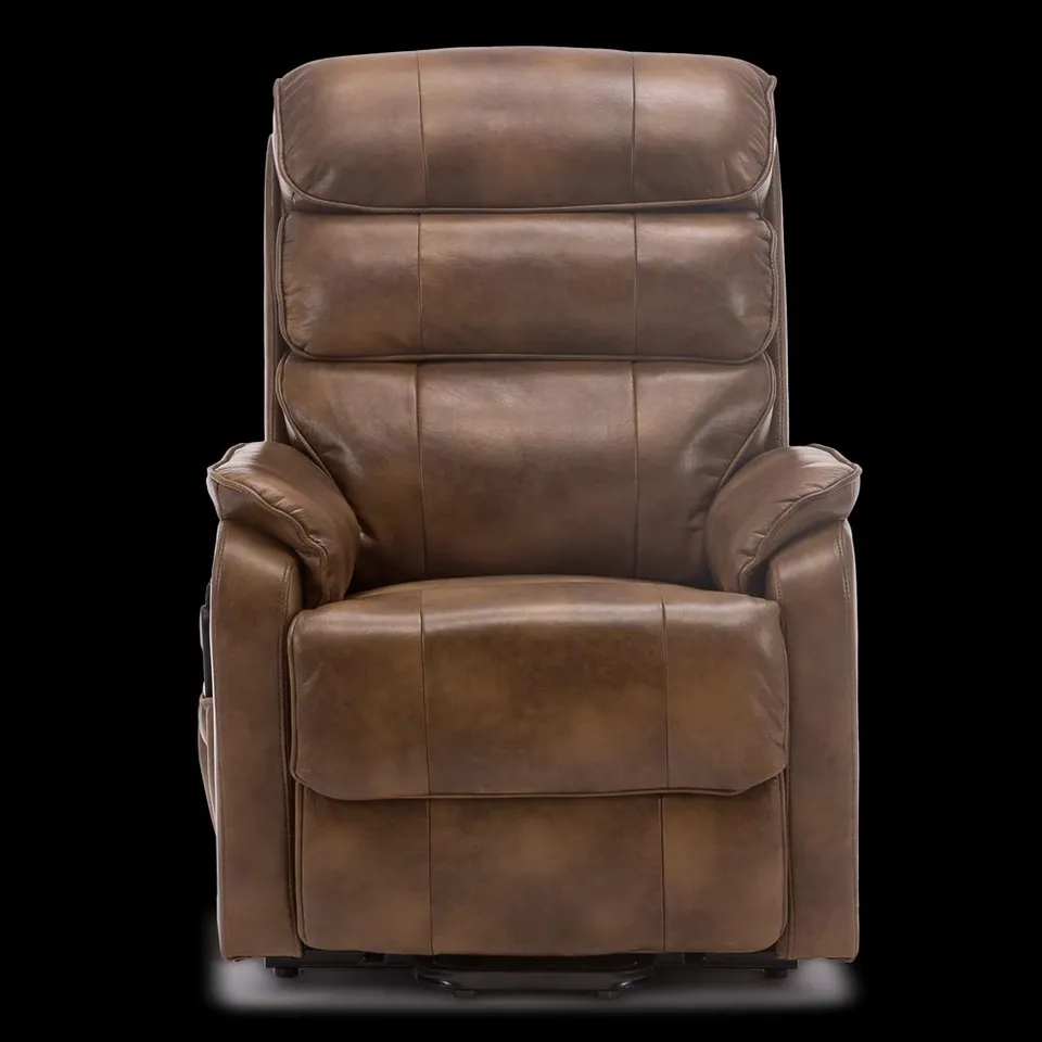 BOXED DESIGNER BUCKINGHAM TAN LEATHER POWER RISE & RECLINING EASY CHAIR (2 BOXES)
