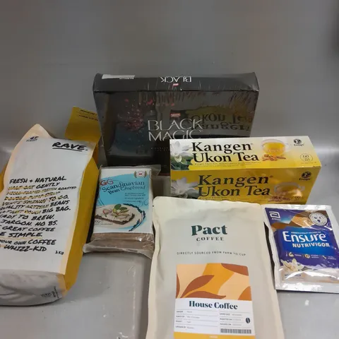 APPROXIMATELY 10 ASSORTED FOOD & DRINK PRODUCTS TO INCLUDE KANGEN UKON TEA, BLACK MAGIC CHOCOLATES, PACT COFFEE ETC
