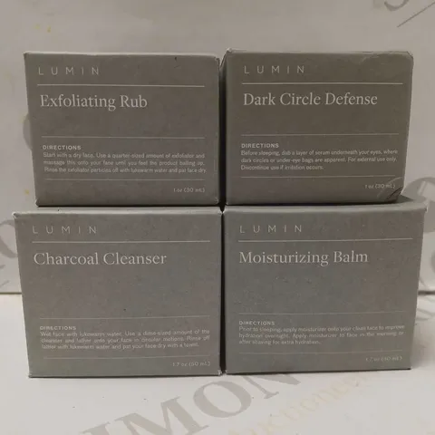 LOT OF 4 ASSORTED LUMIN PRODUCTS TO INCLUDE EXFOLIATING RUB, CHARCOAL CLEANSER, DARK CIRCLE DEFENSE, ETC 