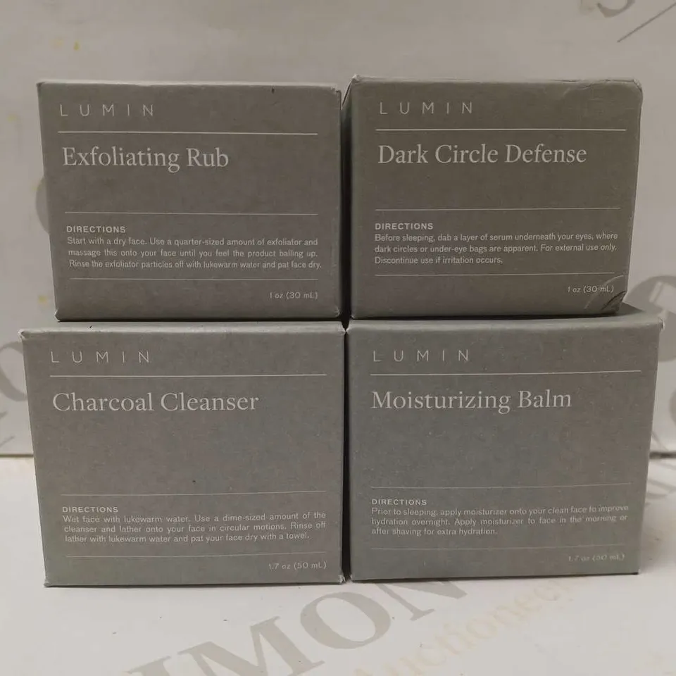 LOT OF 4 ASSORTED LUMIN PRODUCTS TO INCLUDE EXFOLIATING RUB, CHARCOAL CLEANSER, DARK CIRCLE DEFENSE, ETC 