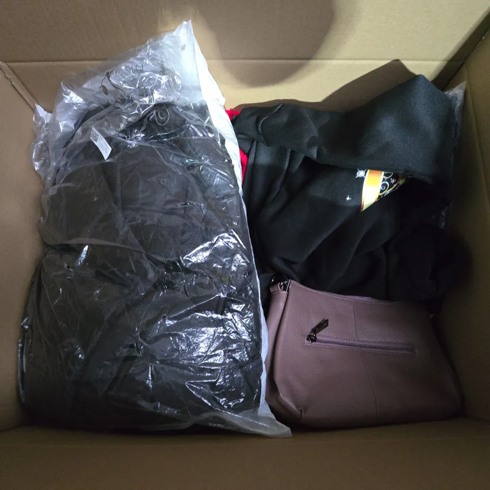 LARGE BOX OF ASSORTED CLOTHING ITEMS IN VARIOUS SIZES, STYLES AND COLOUR 