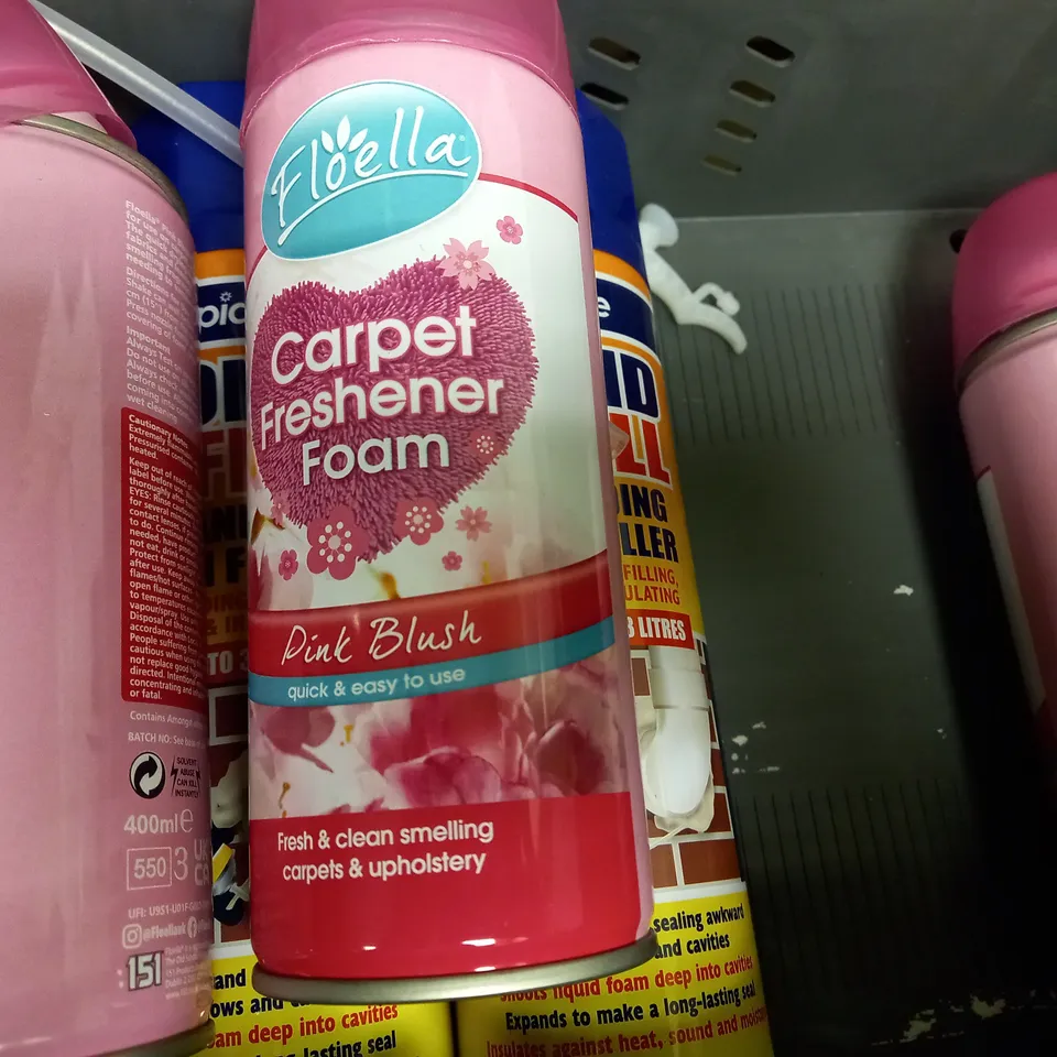BOX OF APPROX 10 ASSORTED AEROSOLS TO INCLUDE NOIR AIR FRESHENER, FLOELLA CARPET FRESHENER FOAM, RAPIDE FOAM FILLER, ETC