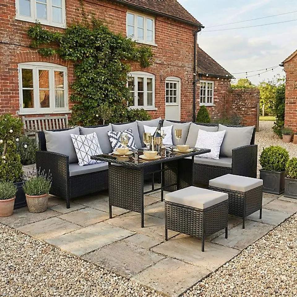 THALIA RATTAN CORNER SOFA - 8 SEATER GARDEN SET WITH RECTANGULAR TABLE & WEATHERPROOF CUSHIONS (3BOXES)