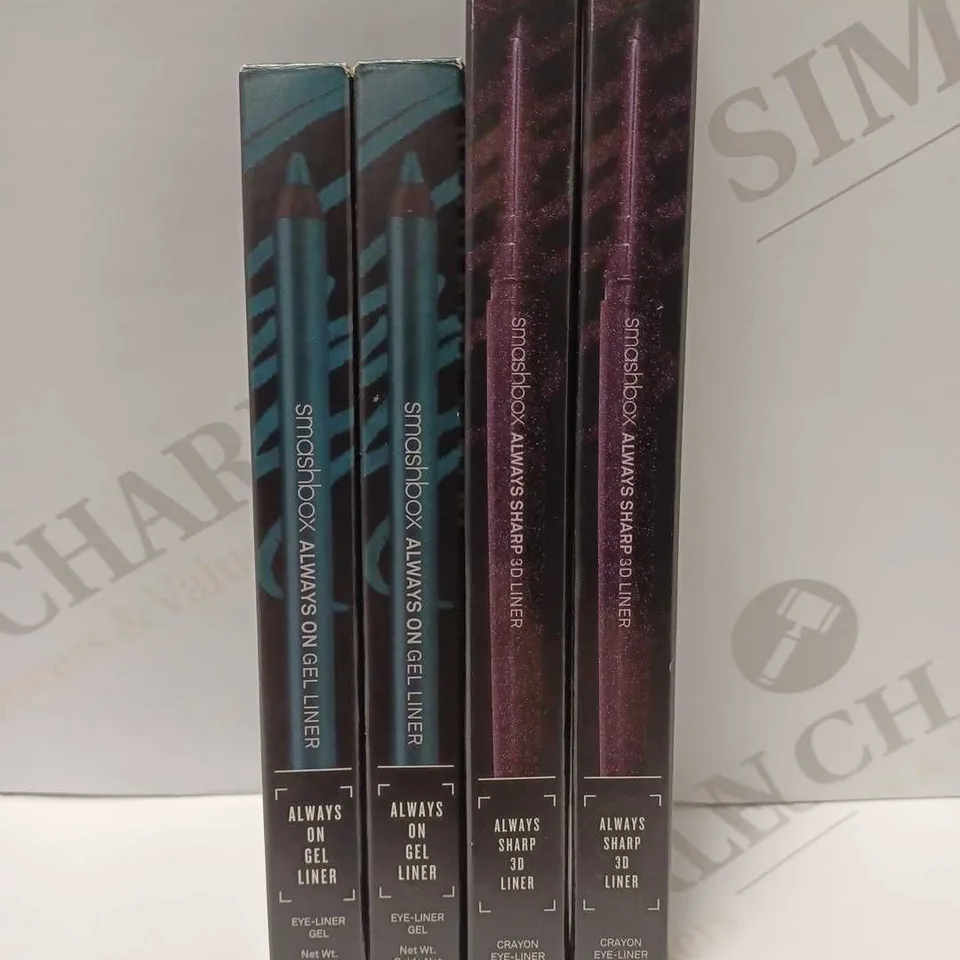 LOT OF 4 ASSORTED SMASHBOX PRODUCTS TO INCLUDE 2 X ALWAYS SHARP 3D LINER #ORCHID & 2 X ALWAYS ON GEL LINER #BALLER 
