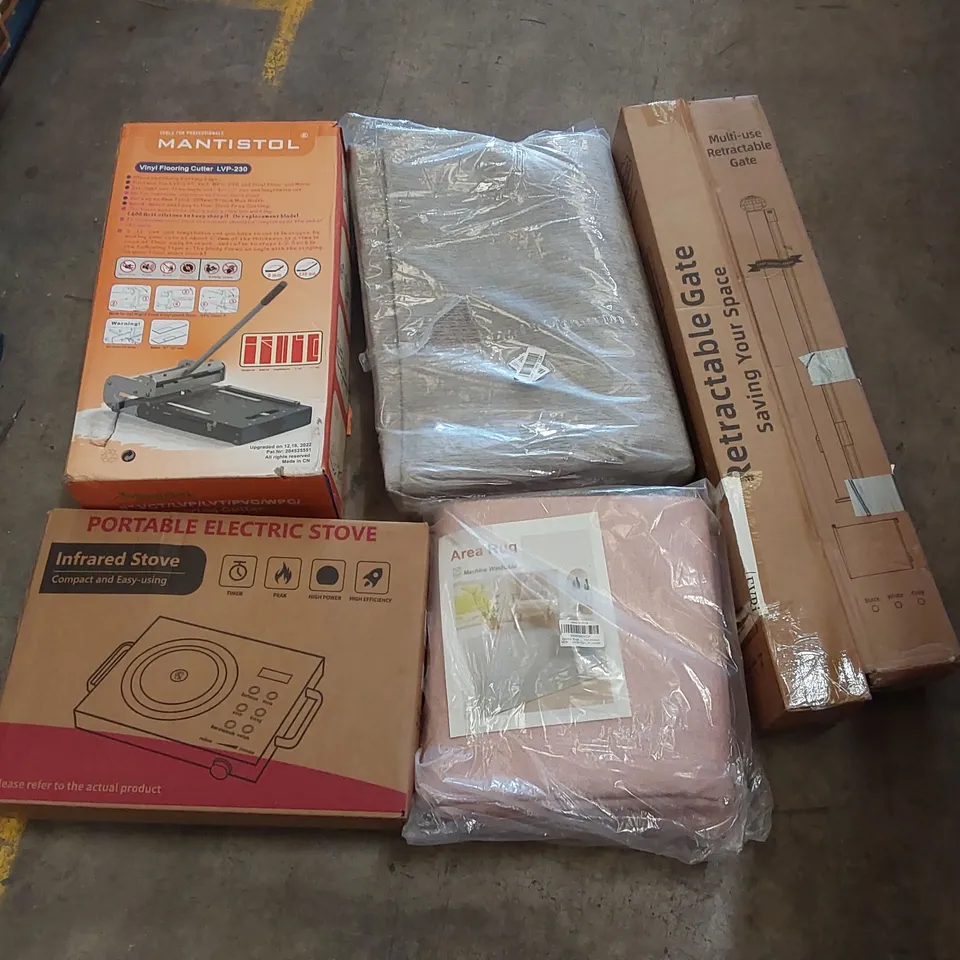 PALLET OF ASSORTED ITEMS INCLUDING: 9" VINYL FLOOR CUTTER, INFRARED STOVE, RUGS, RETRACTABLE SAFETY GATES ECT