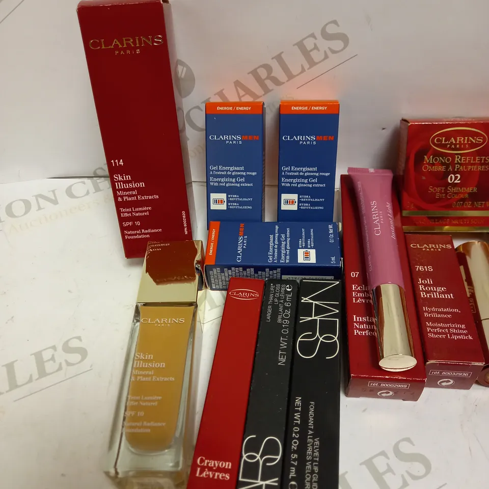 LOT OF APPROX 14 TO INCLUDE CLARINS FOUNDATION CAPPUCCINO , NARS LIPGLOSS , ETC