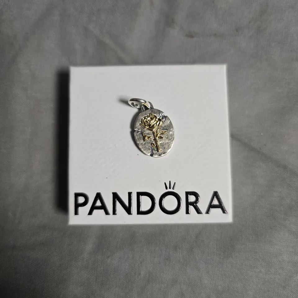 PANDORA CHARM – TWO-TONE SILVER OVAL WITH GOLD ROSE